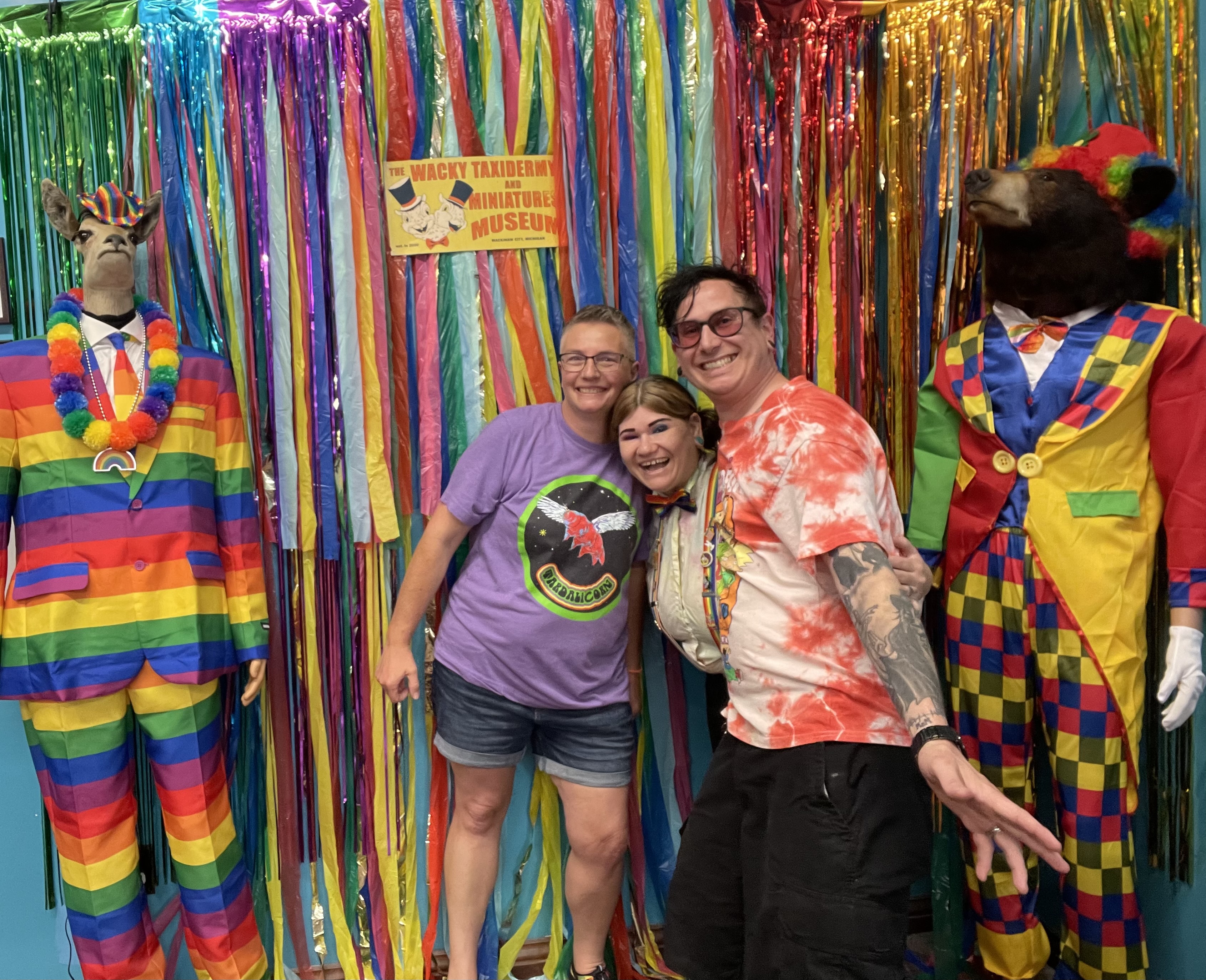 Dawn Burns standing with Brandon and Julie Howey at the Wacky Taxidermy and Miniatures Museum